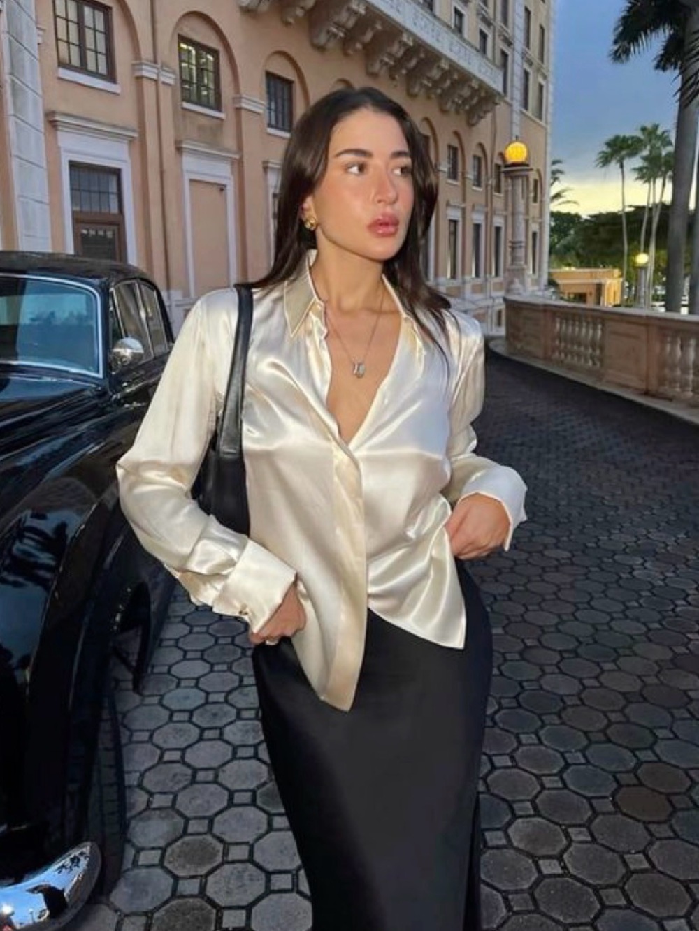 Vintage Satin Stretch Button-Up